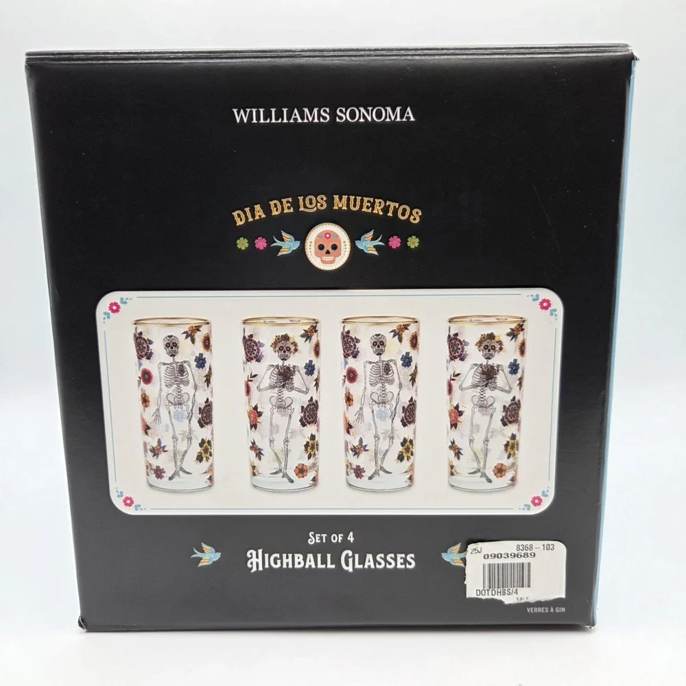 Set Of 4 Williams Sonoma Day Of The Dead Highball Glasses Halloween 16oz   NEW